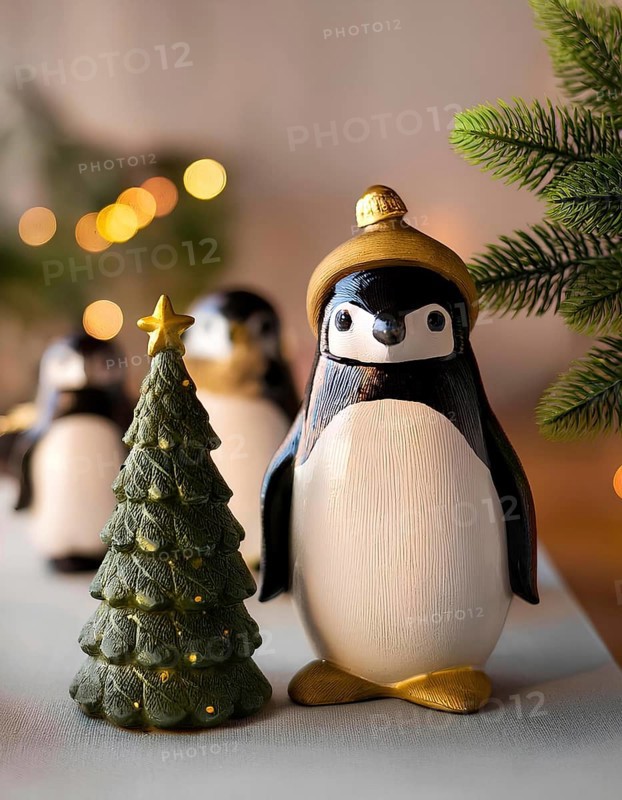 Christmas penguins figurines celebrating winter holidays with a lighted tree and blurred lights, AI generated
