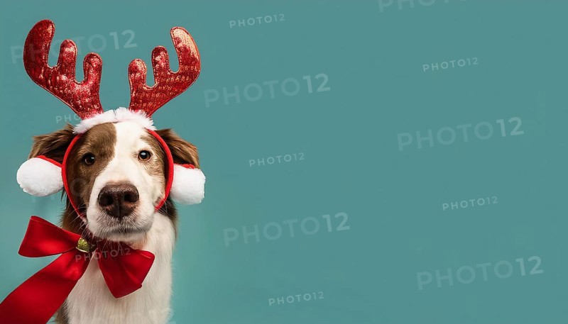 Border collie dog wearing reindeer antlers headband and red bow tie on teal background celebrating christmas, AI generated