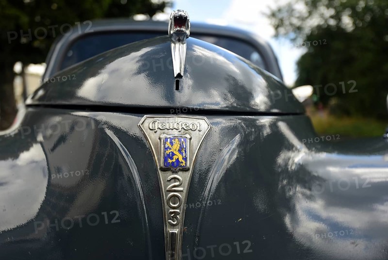 Front view of a vintage Peugeot 203, seen at a company anniversary of Energie-Mann in Westerwald