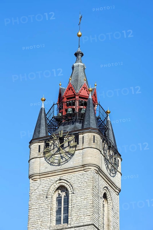 Close-up of 14th century Gothic belfry tower with carillon and clock in the historic city centre of Dendermonde, Termont, East Flanders, Belgium