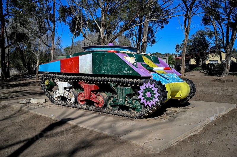 Shermann tank converted into a mining machine for diamond extraction, Tank Park, Oranjemund, diamond restricted area, Karas region, Namibia