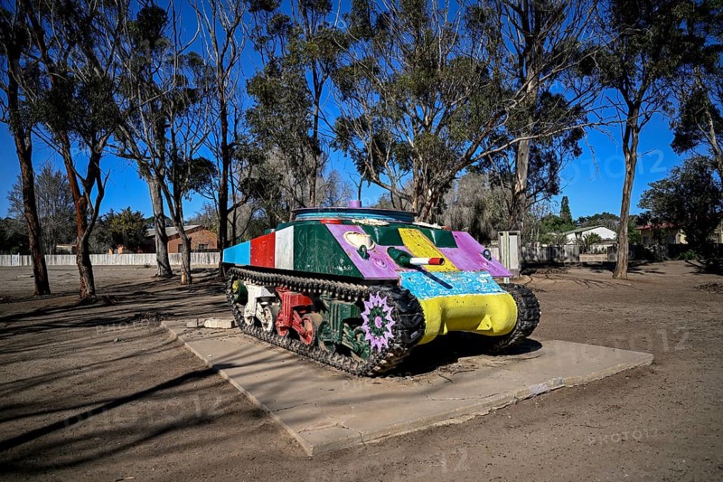 Shermann tank converted into a mining machine for diamond extraction, Tank Park, Oranjemund, diamond restricted area, Karas region, Namibia