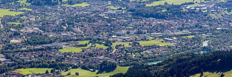 Panorama from Mittagberg, 1451m, into the Upper Illertal with the southernmost town in Germany, Sonthofen, Allgäu, Bavaria, Germany