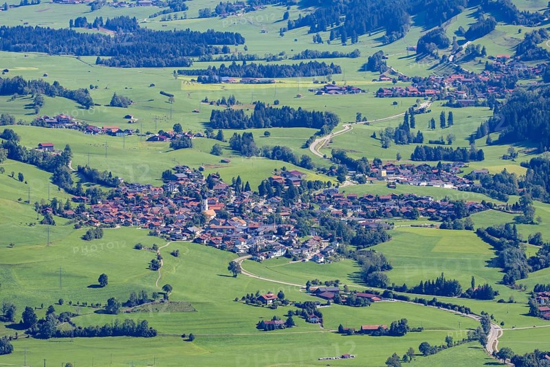 Panorama from Mittagberg, 1451m, into the Upper Illertal with the municipality of Rettenberg, behind it the district of Kranzegg, Oberallgäu, Allgäu, Bavaria, Germany
