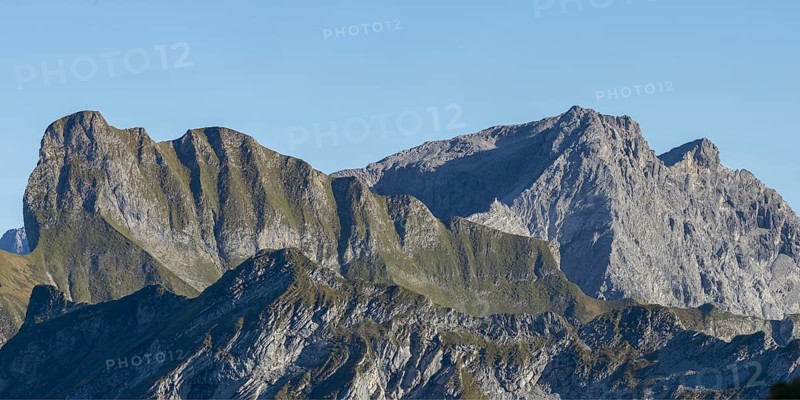 Mountain panorama from Koblat Höhenweg to Schneck, 2268m, behind Großer Wilder, 2379m, Allgäu Alps, Allgäu, Bavaria, Germany