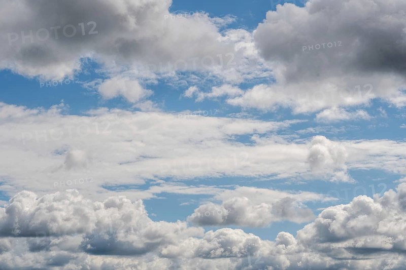 Dense clouds float in the blue sky and create a calming landscape. Natural light illuminates the different shapes and textures of the clouds
