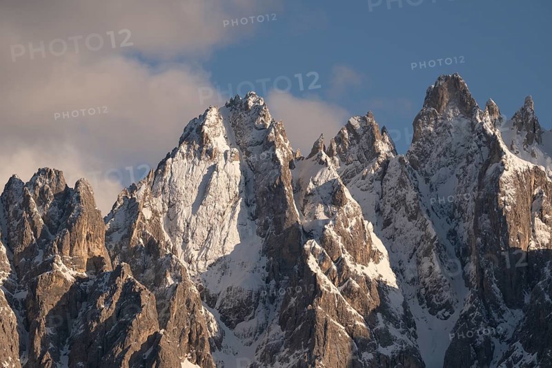 Close-up of the Haunhold mountain peak in the evening light, Haunhold Group, Haunold Group, San Candido, Val Pusteria, Sesto Dolomites, Dolomites, South Tyrol, Italy
