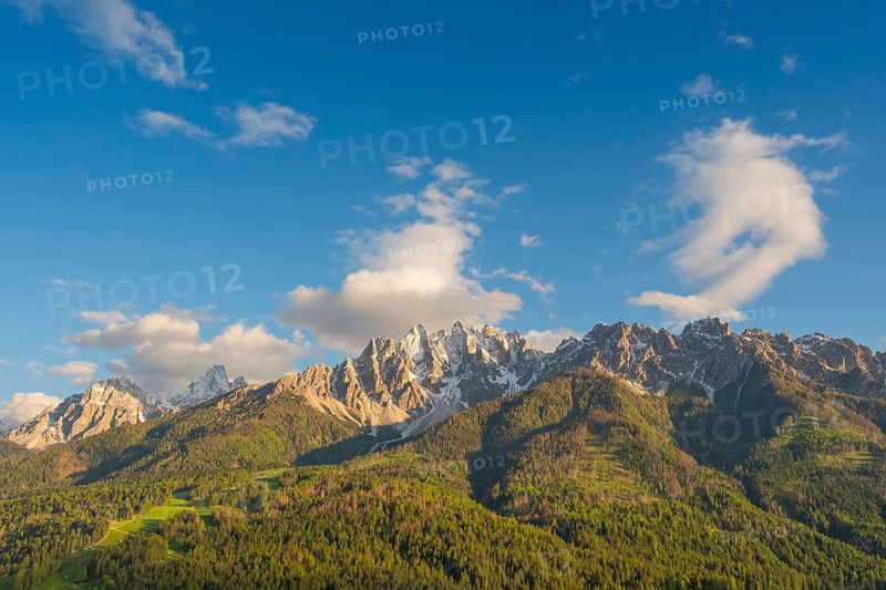 View of the local mountains of San Candido, Haunold, Birkenkofel, Haunold Group, Val Pusteria, Sesto Dolomites, Dolomites, South Tyrol, Italy