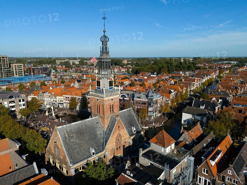 City view with a church tower surrounded by canals and red tiled roofs, aerial view, former city weigh station, Alkmaar, Alkmar, Noord-Holland, North Holland, Netherlands
