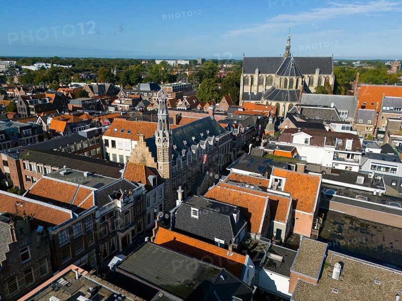 Aerial view of a city with historic buildings and a church under a clear sky, aerial view, town hall and Grote Sint-Laurenskerk, church, Alkmaar, Alkmar, Noord-Holland, Noord-Holland, Netherlands