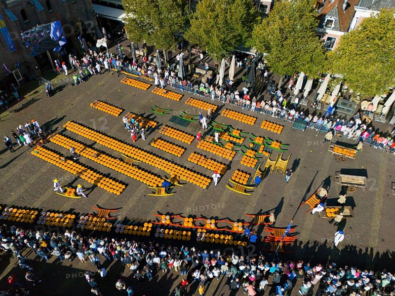 Bird's eye view of busy market square with orange cheeses lined up in a row, aerial view, cheese, cheese market, Alkmaar, Alkmar, Noord-Holland, Noord-Holland, Netherlands