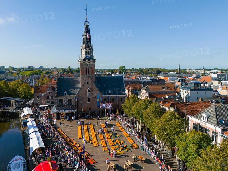 Historic market square with church and crowd under blue sky, aerial view, cheese, cheese market, former city scales, Alkmaar, Alkmar, Noord-Holland, Noord-Holland, Netherlands