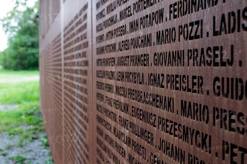 Name wall made of steel plates with a total of 2908 laser-engraved names of former concentration camp prisoners and forced labourers, station on the Path of Remembrance, Leonberg Concentration Camp Memorial, Leonberg, Baden-Württemberg