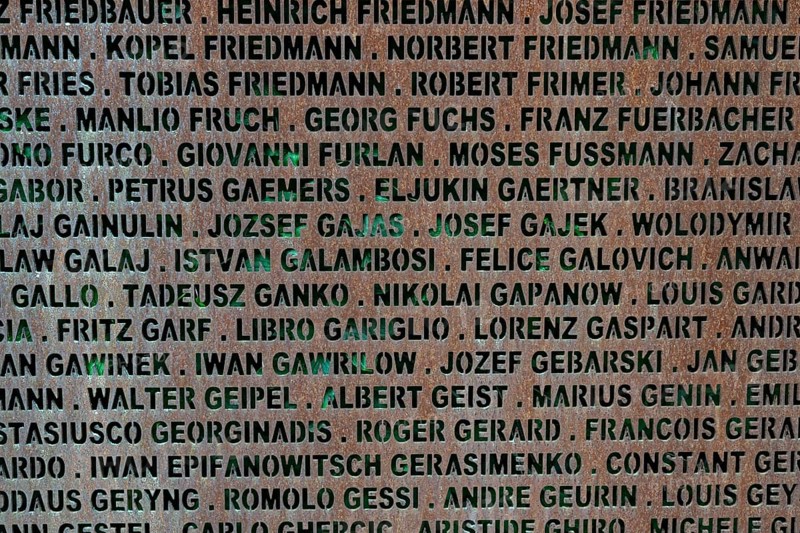Detail, name wall made of steel plates with a total of 2908 laser-engraved names of former concentration camp prisoners and forced labourers, station on the Path of Remembrance, Leonberg Concentration Camp Memorial, Leonberg, Baden-Württemberg