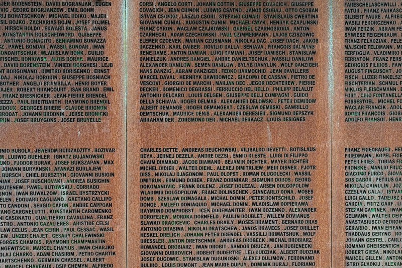 Detail, name wall made of steel plates with a total of 2908 laser-engraved names of former concentration camp prisoners and forced labourers, station on the Path of Remembrance, Leonberg Concentration Camp Memorial, Leonberg, Baden-Württemberg