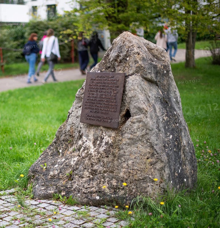 Stone with memorial plaque commemorating forced labourers and prisoners in concentration camp labour camps, station on the Path of Remembrance, Leonberg Concentration Camp Memorial, Leonberg, Baden-Württemberg