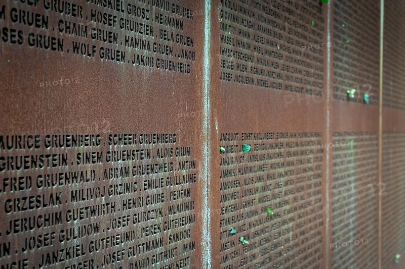 Name wall made of steel plates with a total of 2908 laser-engraved names of former concentration camp prisoners and forced labourers, station on the Path of Remembrance, Leonberg Concentration Camp Memorial, Leonberg, Baden-Württemberg