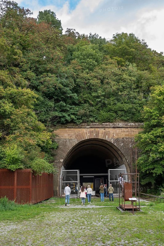 Entrance to the Old Engelberg Tunnel, first motorway tunnel in Germany, 1944 and 1945 production site for wings, Messerschmitt Me 262 fighter aircraft, forced labour, station on the Path of Remembrance, Leonberg Concentration Camp Memorial, Leonberg, Baden-Württemberg