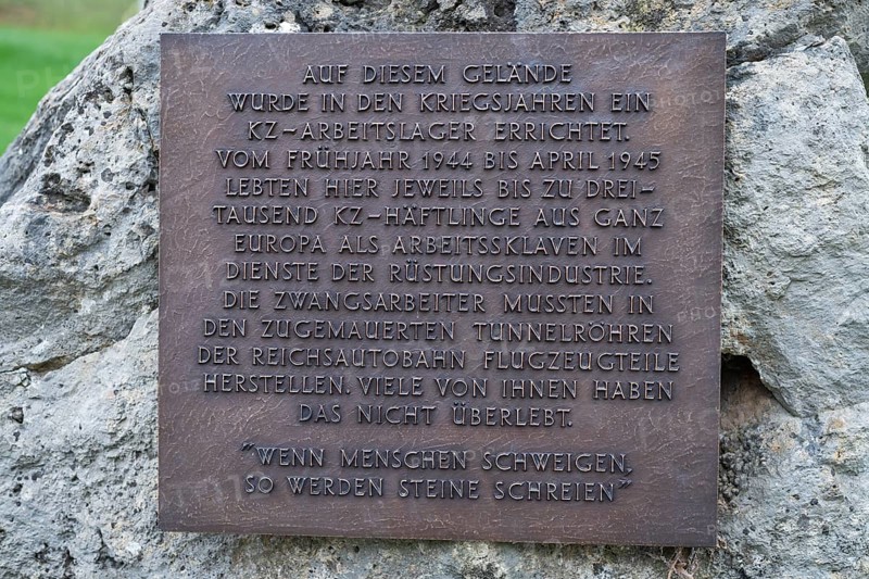 Stone with memorial plaque commemorating forced labourers and prisoners in concentration camp labour camps, station on the Path of Remembrance, Leonberg Concentration Camp Memorial, Leonberg, Baden-Württemberg