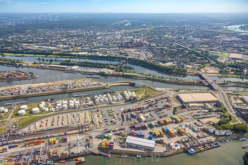 Aerial view, Duisburg harbour with Ruhrort container terminal, oil island and coal island, river Ruhr with Ruhr lock Duisburg Pontwert and Rhine-Herne-Canal, Karl-Lehr-Bridge, Ruhrort, Duisburg, Ruhr area, North Rhine-Westphalia, Germany, DE, Europe, harbour, harbour area, port area, aerial view, aerial photography, aerial photography, overview, bird's-eye view, bird's-eye view, duisport, overview
