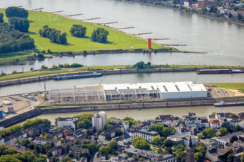 Aerial view, logistics hall construction site and new building on Mercatorinsel, Ruhrort, Duisburg, Ruhr area, North Rhine-Westphalia, Germany, construction work, construction area, construction site, building plots, construction project, construction site, DE, Europe, island, logistics, aerial photograph, aerial photography, aerial photography, new building, overview, bird's-eye view, overview