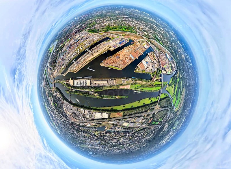 Aerial view, Duisburg-Ruhrort harbour with oil island, coal island and scrap island, A59 motorway, Ruhr river and Rhine-Herne canal, globe, fisheye image, fisheye image, 360 degree image, tiny world, little planet, fisheye image, Ruhrort, Duisburg, Ruhr area, North Rhine-Westphalia, Germany, DE, Europe, fisheye lens, fisheye lens, harbour, harbour area, harbour overview, Little Planet, aerial view, aerial photography, aerial photography, super wide angle lens, Tiny World, overview, bird's eye view, globe, birds-eyes view, duisport, fisheye lens, insta360 camera, overview
