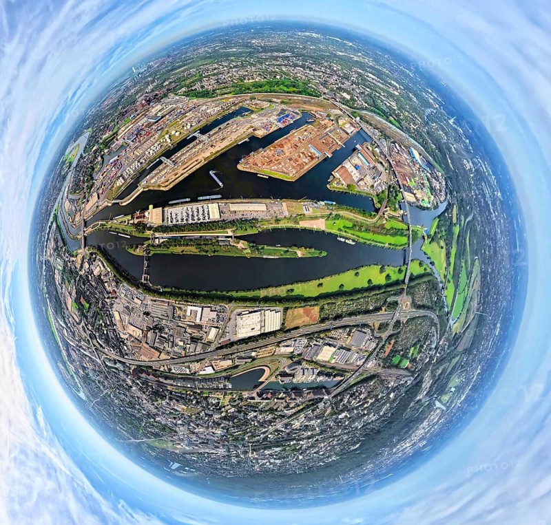 Aerial view, Duisburg-Ruhrort harbour with oil island, coal island and scrap island, A59 motorway, Ruhr river and Rhine-Herne canal, globe, fisheye image, fisheye image, 360 degree image, tiny world, little planet, fisheye image, Ruhrort, Duisburg, Ruhr area, North Rhine-Westphalia, Germany, DE, Europe, fisheye lens, fisheye lens, harbour, harbour area, harbour overview, Little Planet, aerial view, aerial photography, aerial photography, super wide angle lens, Tiny World, overview, bird's eye view, globe, birds-eyes view, duisport, fisheye lens, insta360 camera, overview