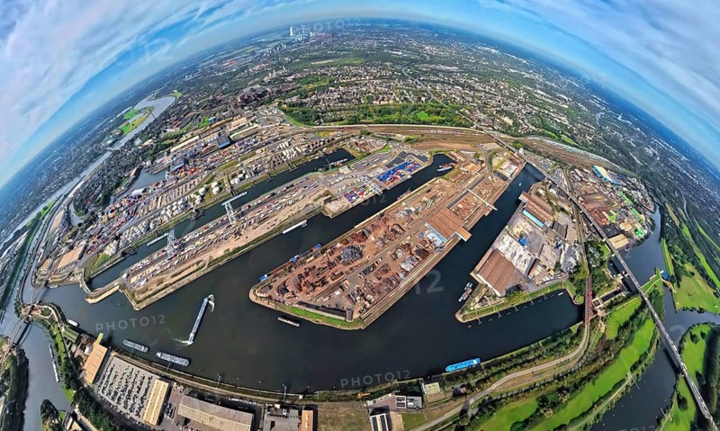 Aerial view, Duisburg-Ruhrort harbour with oil island, coal island and scrap island, A59 motorway, Ruhr river and Rhine-Herne canal, globe, fisheye image, fisheye image, 360 degree image, tiny world, little planet, fisheye image, Ruhrort, Duisburg, Ruhr area, North Rhine-Westphalia, Germany, DE, Europe, fisheye lens, fisheye lens, harbour, harbour area, harbour overview, Little Planet, aerial view, aerial photography, aerial photography, super wide angle lens, Tiny World, overview, bird's eye view, globe, birds-eyes view, duisport, fisheye lens, insta360 camera, overview