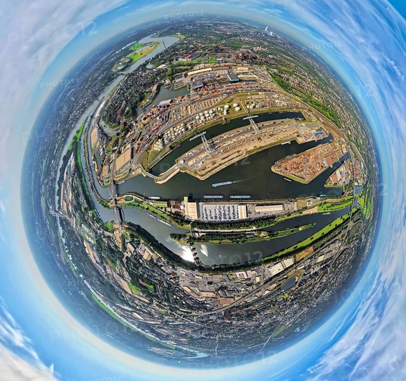 Aerial view, Duisburg-Ruhrort harbour with oil island, coal island and scrap island, A59 motorway, Ruhr river and Rhine-Herne canal, globe, fisheye image, fisheye image, 360 degree image, tiny world, little planet, fisheye image, Ruhrort, Duisburg, Ruhr area, North Rhine-Westphalia, Germany, DE, Europe, fisheye lens, fisheye lens, harbour, harbour area, harbour overview, Little Planet, aerial view, aerial photography, aerial photography, super wide angle lens, Tiny World, overview, bird's eye view, globe, birds-eyes view, duisport, fisheye lens, insta360 camera, overview