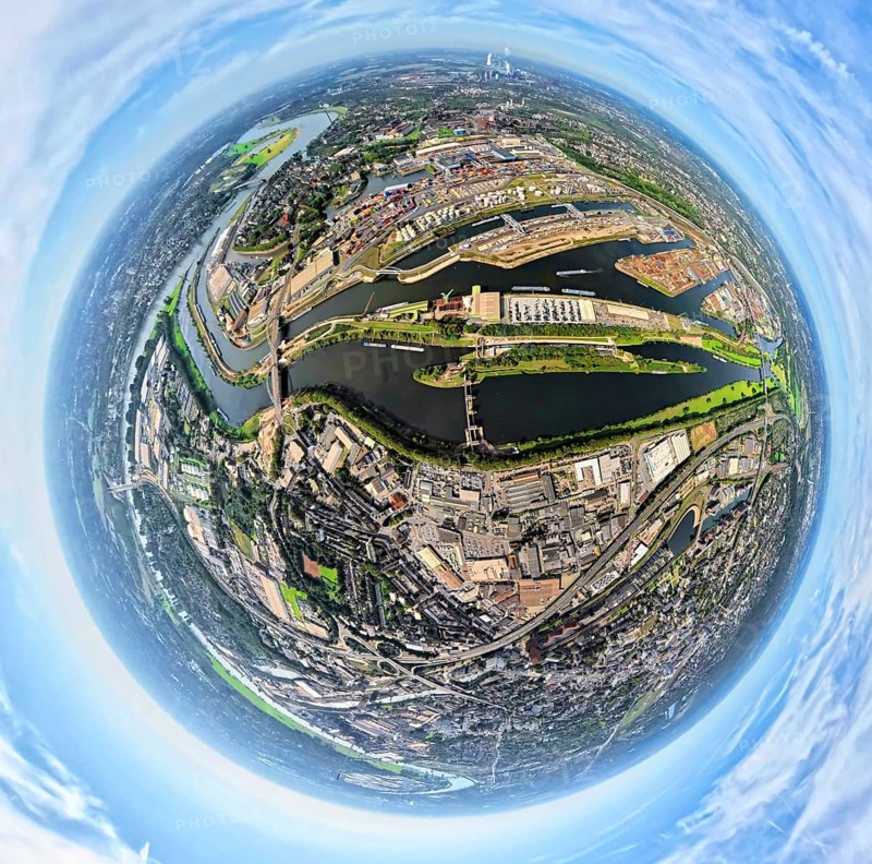 Aerial view, harbour Duisburg-Ruhrort with oil island, coal island and scrap island, river Ruhr and Rhine-Herne-Canal, globe, fisheye image, fisheye image, 360 degree image, tiny world, little planet, fisheye image, Ruhrort, Duisburg, Ruhr area, North Rhine-Westphalia, Germany, DE, Europe, fisheye lens, fisheye lens, harbour, harbour area, harbour overview, Little Planet, aerial view, aerial photography, aerial photography, super wide angle lens, Tiny World, overview, bird's eye view, globe, birds-eyes view, duisport, fisheye lens, insta360 camera, overview