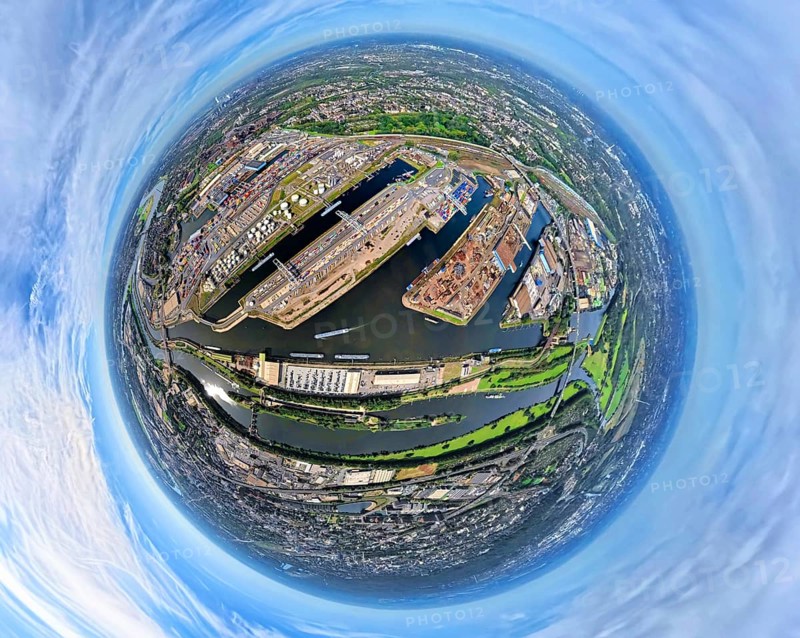 Aerial view, Duisburg-Ruhrort harbour with oil island, coal island and scrap island, A59 motorway, Ruhr river and Rhine-Herne canal, globe, fisheye image, fisheye image, 360 degree image, tiny world, little planet, fisheye image, Ruhrort, Duisburg, Ruhr area, North Rhine-Westphalia, Germany, DE, Europe, fisheye lens, fisheye lens, harbour, harbour area, harbour overview, Little Planet, aerial view, aerial photography, aerial photography, super wide angle lens, Tiny World, overview, bird's eye view, globe, birds-eyes view, duisport, fisheye lens, insta360 camera, overview