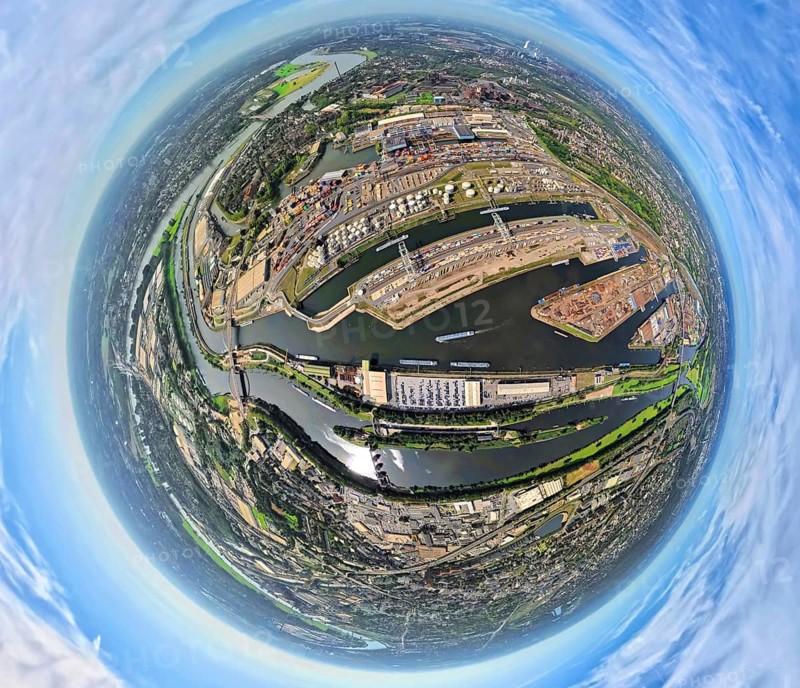 Aerial view, harbour Duisburg-Ruhrort with oil island, coal island and scrap island, river Ruhr and Rhine-Herne-Canal, globe, fisheye image, fisheye image, 360 degree image, tiny world, little planet, fisheye image, Ruhrort, Duisburg, Ruhr area, North Rhine-Westphalia, Germany, DE, Europe, fisheye lens, fisheye lens, harbour, harbour area, harbour overview, Little Planet, aerial view, aerial photography, aerial photography, super wide angle lens, Tiny World, overview, bird's eye view, globe, birds-eyes view, duisport, fisheye lens, insta360 camera, overview