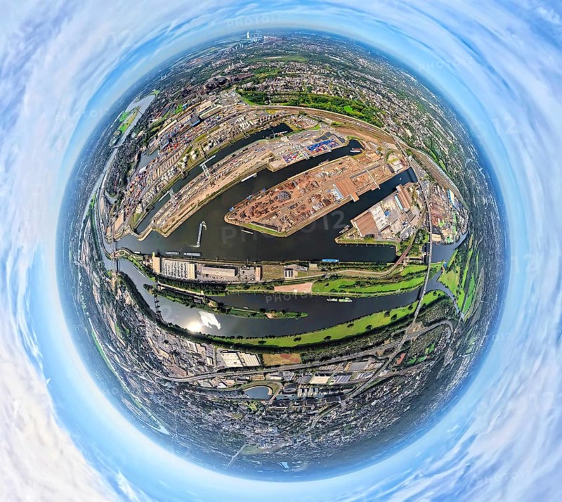 Aerial view, Duisburg-Ruhrort harbour with oil island, coal island and scrap island, A59 motorway, Ruhr river and Rhine-Herne canal, globe, fisheye image, fisheye image, 360 degree image, tiny world, little planet, fisheye image, Ruhrort, Duisburg, Ruhr area, North Rhine-Westphalia, Germany, DE, Europe, fisheye lens, fisheye lens, harbour, harbour area, harbour overview, Little Planet, aerial view, aerial photography, aerial photography, super wide angle lens, Tiny World, overview, bird's eye view, globe, birds-eyes view, duisport, fisheye lens, insta360 camera, overview