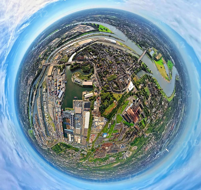 Aerial view, Ruhrort district with Ruhrort terminal, Duisburg harbour and Ruhr estuary into the river Rhine, globe, fisheye image, 360 degree image, tiny world, little planet, fisheye image, Ruhrort, Duisburg, Ruhr area, North Rhine-Westphalia, Germany, DE, Europe, fisheye lens, fisheye lens, Little Planet, aerial photography, aerial photography, super wide angle lens, Tiny World, overview, bird's eye view, globe, birds-eyes view, duisport, fisheye lens, insta360 camera, overview
