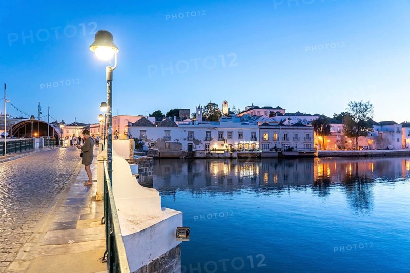 The seven-arched bridge over the Rio Gilão, in Tavira, old town, in the east of the Algarve, Portugal