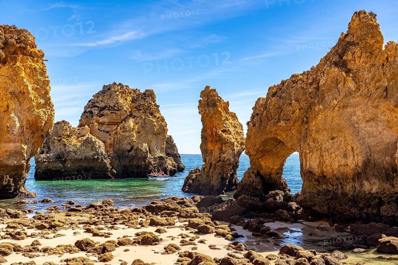 Ponta da Piedade rocky coast, rugged coastal landscape, right next to the centre of Lagos, in the west of the Algarve, Portugal