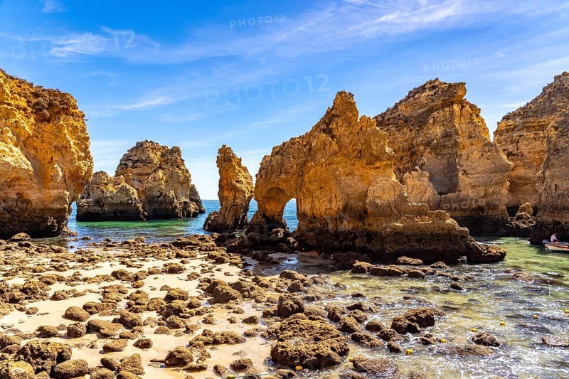 Ponta da Piedade rocky coast, rugged coastal landscape, right next to the centre of Lagos, in the west of the Algarve, Portugal