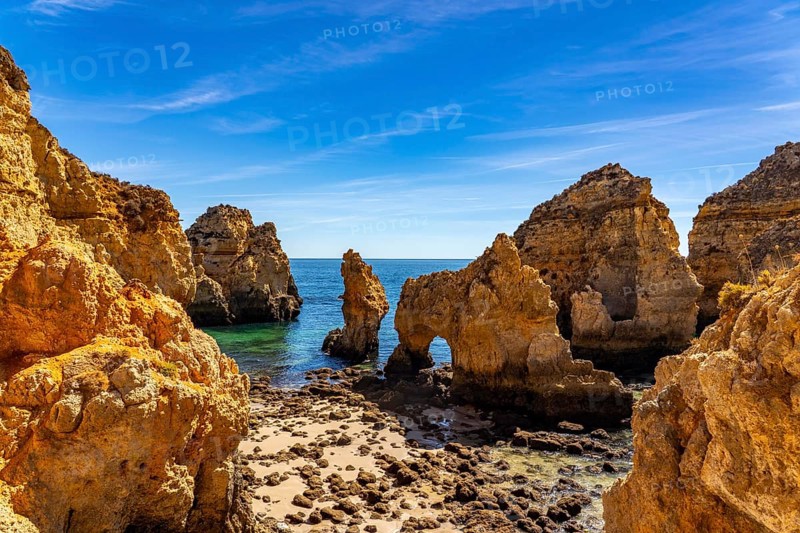 Ponta da Piedade rocky coast, rugged coastal landscape, right next to the centre of Lagos, in the west of the Algarve, Portugal