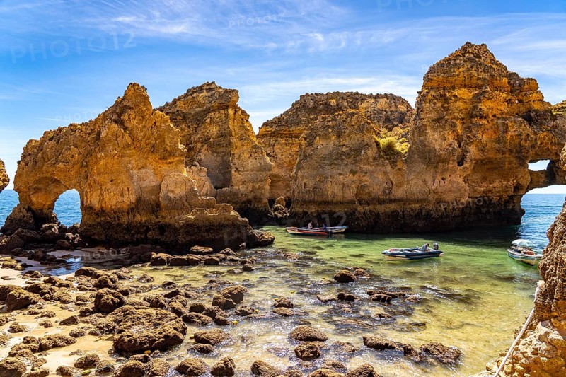 Ponta da Piedade rocky coast, rugged coastal landscape, right next to the centre of Lagos, in the west of the Algarve, Portugal