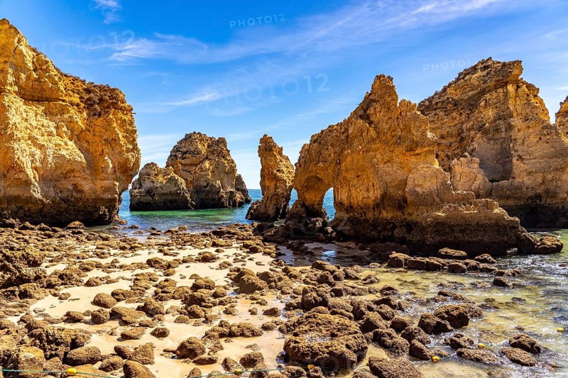 Ponta da Piedade rocky coast, rugged coastal landscape, right next to the centre of Lagos, in the west of the Algarve, Portugal