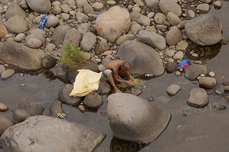 Man washing vegetables in the river, Negros Occidental, Philippines