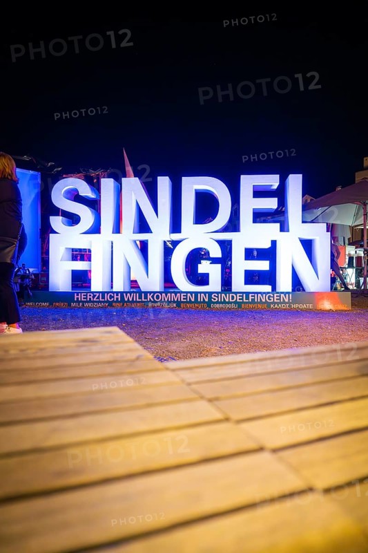 Luminous welcome board at night at an event in Sindelfingen, Sindelfingen, Böblingen district, Germany