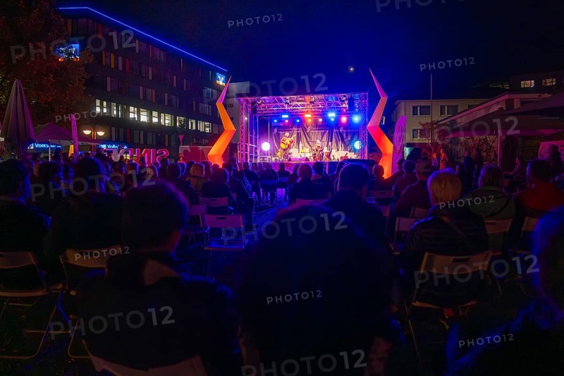 Concert stage illuminated at night with audience and atmospheric lighting effects, Sindelfingen, Böblingen district, Germany