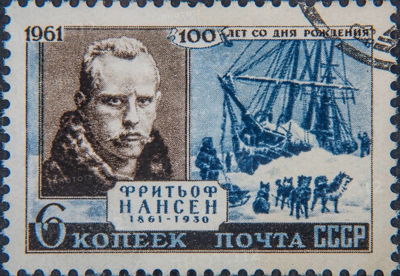 Fridtjof Nansen (1861-1930) was a Norwegian explorer, oceanographer, zoologist and diplomat. Portrait on a Russian postage stamp