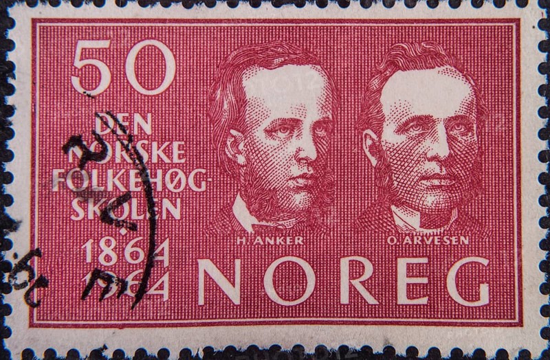Herman Anker (1839-1896) and Olaus Arvesen (1830-1917) established Norway's first folk high school in Hamar in 1864. Portrait on a Norwegian postage stamp