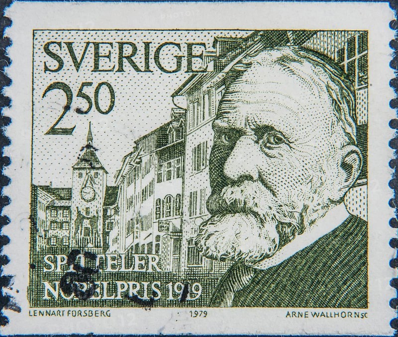 Carl Spitteler (1845 -1924) was a Swiss author who was awarded the Nobel Prize in Literature in 1919. Portrait on a Swedish stamp