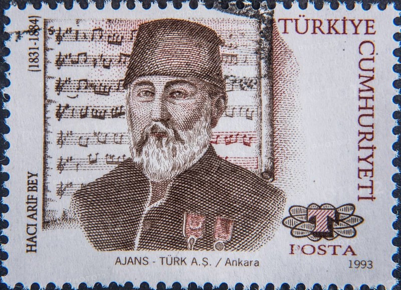 Haci Arif Bey (1831-1885) was a Turkish composer known for his compositions in the sarki form, the most common secular form in Turkish classical music. He was a very prolific composer. Portrait on Turkish postage stamp