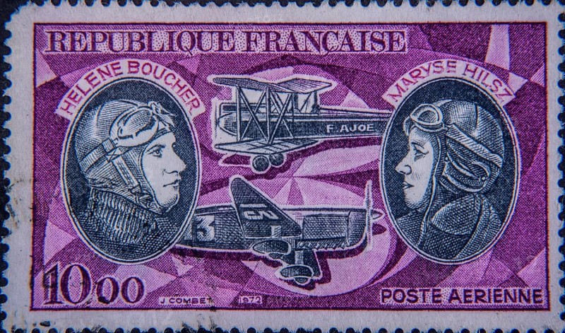 Hélène Boucher (1908-1934) a well-known French pilot in the early 1930s and Maryse Hilsz (1901–1946) a French aviator known for high altitude and endurance flights. Portrait on French postage stamp