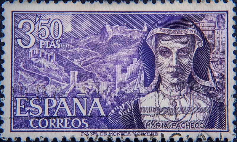 María Pacheco, (1496-1531), was a Spanish noblewoman, known for her role in the Comuneros Revolt. As a widow, she took over the local leadership of the rebellion in Toledo from her husband between 1521 and 1522. Portrait on a Spanish postage stamp