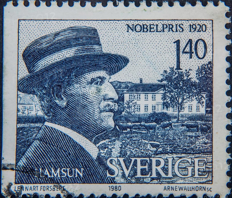 Knut Hamsun, (1859 -1952) was a Norwegian writer. He received the Nobel Prize in Literature in 1920. Portrait on a Swedish stamp